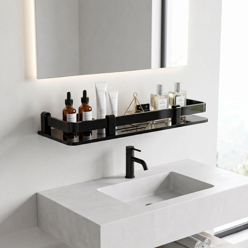 Premium stainless steel black coated Bathroom Shelf Without Drill for Wall | Self Adhesive Bathroom Organiser | Wall Mounted Bathroom Shelves Rack | Strong Adhesive Storage Organizer Stand