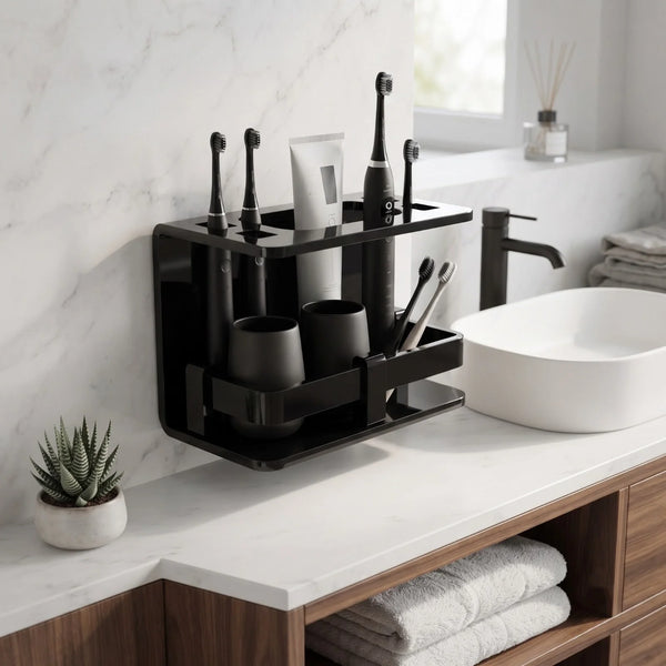 Wall Mounted Toothbrush Holder with Toothpaste Stand Bathroom Organizer Acrylic Toothbrush Holder (Black, Wall Mount)